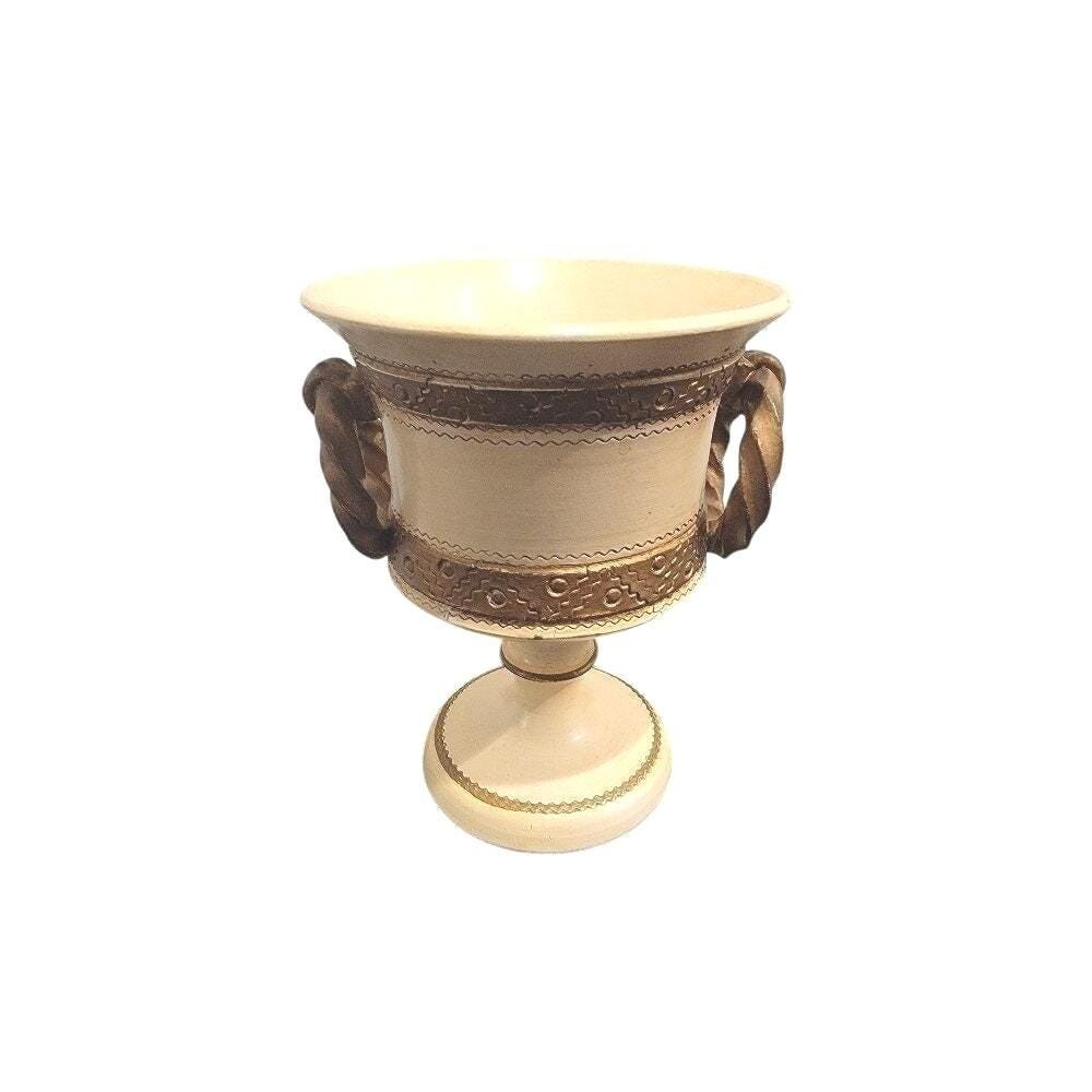 Vintage Italian Pedestal Vase Urn, Cream Gold Grandmillennial Decor 8556